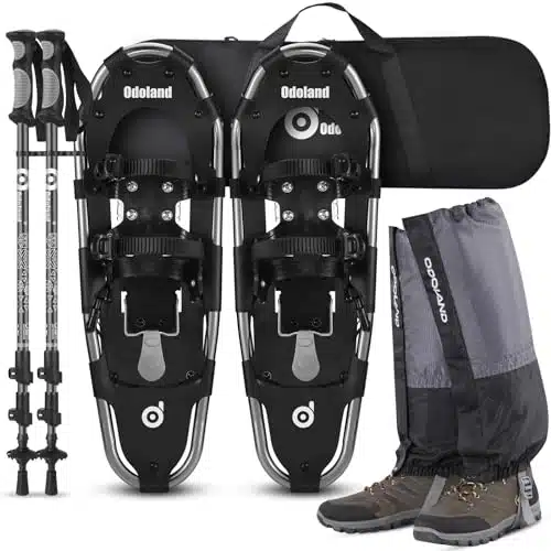Odoland in Snowshoes Snow Shoes for Men and Women with Trekking Poles, Carrying Tote Bag and Waterproof Snow Leg Gaiters, Lightweight Snow Shoes Aluminum Alloy, Black, ''