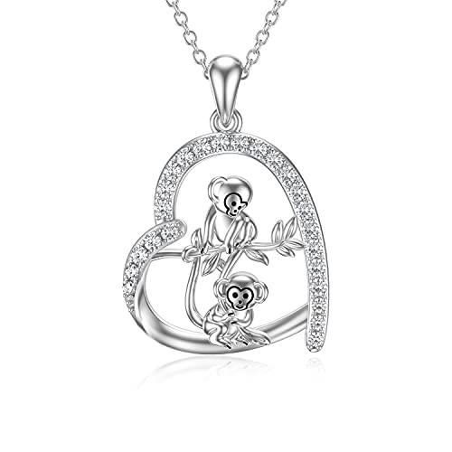 PROESS Cute Monkey Necklace for Women Girls, Sterling Silver Love Heart Pendant Necklace, Birthday Anniversary Graduation Jewelry Gift