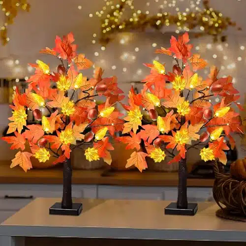 [ Pack & Timer ] Thanksgiving Inch Lighted Maple Tree Decorations with LEDs Timer Battery Operated Artificial Autumn Tabletop Tree for Thanksgiving Harvest Indoor Home Decor