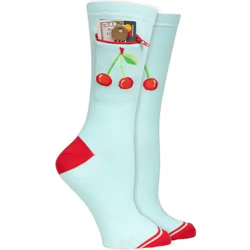 Pocket Socks Fashion Print Crew Socks for Women   Anti Theft Novelty Socks wHidden Zipper Stash Spot Pocket for Travel ID, Keys, Cash   Cherries