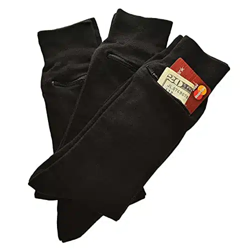 Pocket Socks Novelty Dress Socks for Men & Women   Anti Pickpocket Socks wa Hidden Pocket   Large Casual Crew Socks for Men Shoe (Black, Pack of )