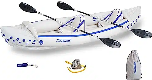 Sea Eagle K Pro Person Inflatable Outdoor Water Sports Kayak Canoe Boat with Paddles, Adjustable Seats, Foot Pump, and Carrying Bag, White