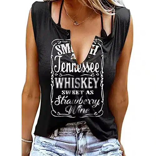 Smooth As Tennessee Tank Top Sweet As Strawberry Shirt Ring Hole Sleeveless Sexy V Neck Womens Retro Country Music Top(Black, Large)