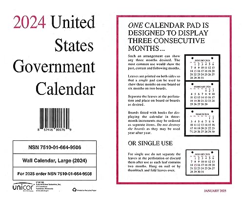 Unicor  Government Wall Calendar, Qty=, Single Calendar