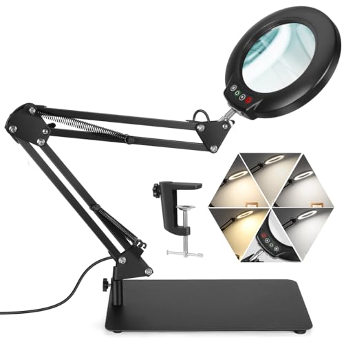 Veemagni X Magnifying Glass with Light and Stand, Color Modes Stepless Dimmable in Desk Lamp & Clamp, LED Lighted Magnifier with Light, Hands Free for Repair Craft Hobby Close