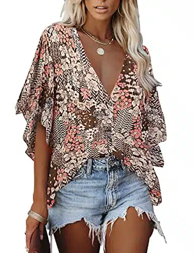 Viracy Country Concert Outfits for Women, Womens Tops Dressy Casual Ruffle Short Sleeve V Neck Chiffon Blouses Flowy Floral Button Down Shirts,Khaki Medium