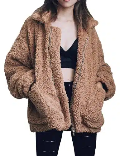 Women's Coat Casual Lapel Fleece Fuzzy Faux Shearling Zipper Coats Warm Winter Oversized Outwear Jackets (Khaki,M)