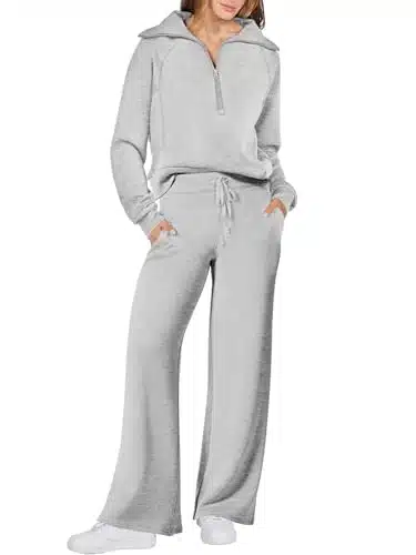 Women's Piece Oversized Quarter Zip Sweatsuit Set by ANRABESS   Fall Sweatshirt and Wide Leg Sweatpant Lounge Set