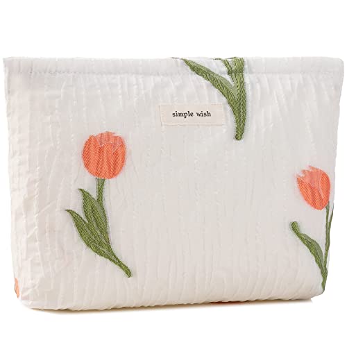 ZLFSRQ Tulip Makeup Bag for Women Floral Makeup Pouch for Purse Zipper Cosmetic Bag Large Capacity Quilted Canvas Cute Aesthetic Flower Makeup Bag Gift Travel Toiletry Make Up