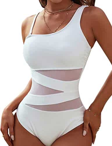 Blooming Jelly Women's Sexy One Piece Bathing Suits One Shoulder Swimsuits Slimming Mesh Swimwear (Medium, White)