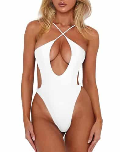 HYPERFIRE Women's Sexy Criss Cross Halter Bathing Suit Cut Out Backless Monokini Swimsuits One Piece White Small
