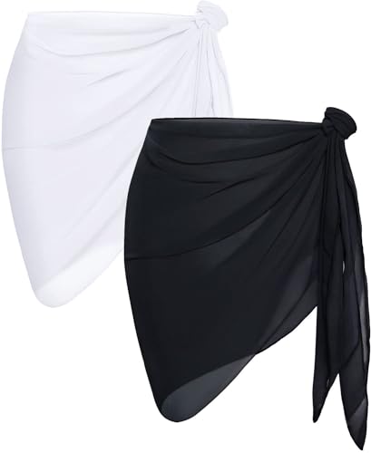 Pieces Sarong Cover Ups for Women Beach Bathing Suit Wrap Sheer Short Skirt Bikini Chiffon Scarf for Swimwear(Black and White)