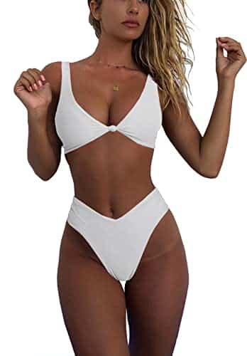 geluboao Two Piece White Bathing Suits for Women High Waisted V Neck Swimsuits Solid Knot Front Push Up Cheeky High Cut Thong Bikini Set XL