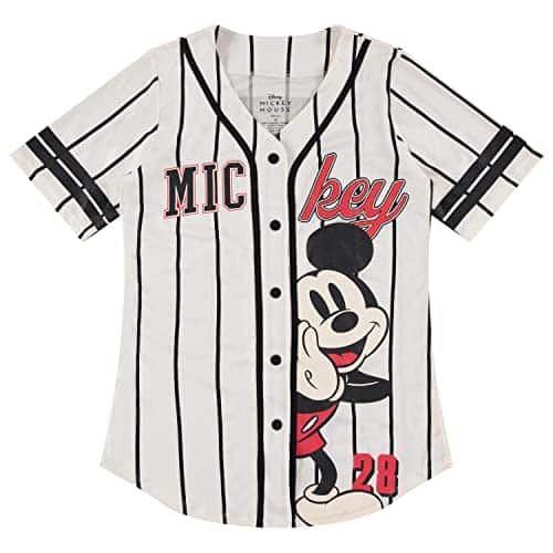 Disney Ladies Mickey Mouse Fashion Shirt Mickey & Minnie Mouse Baseball Jersey Mickey Mouse Button Down Baseball Jersey (Ivory Black, Small)
