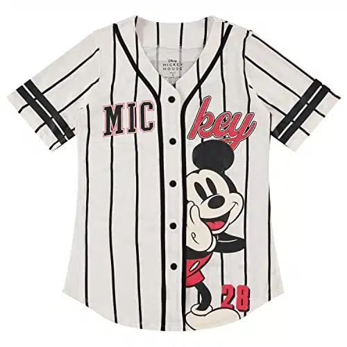 Disney Ladies Mickey Mouse Fashion Shirt   Mickey & Minnie Mouse Baseball Jersey Mickey Mouse Button Down Baseball Jersey (Ivory Black, Small)