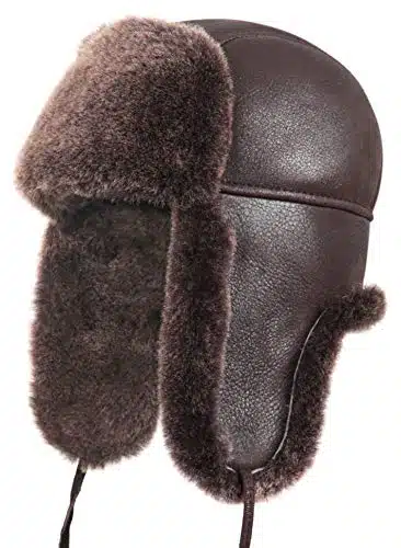 Zavelio Unisex Shearling Sheepskin Leather Aviator Russian Ushanka Trapper Winter Fur Hat Medium Brown